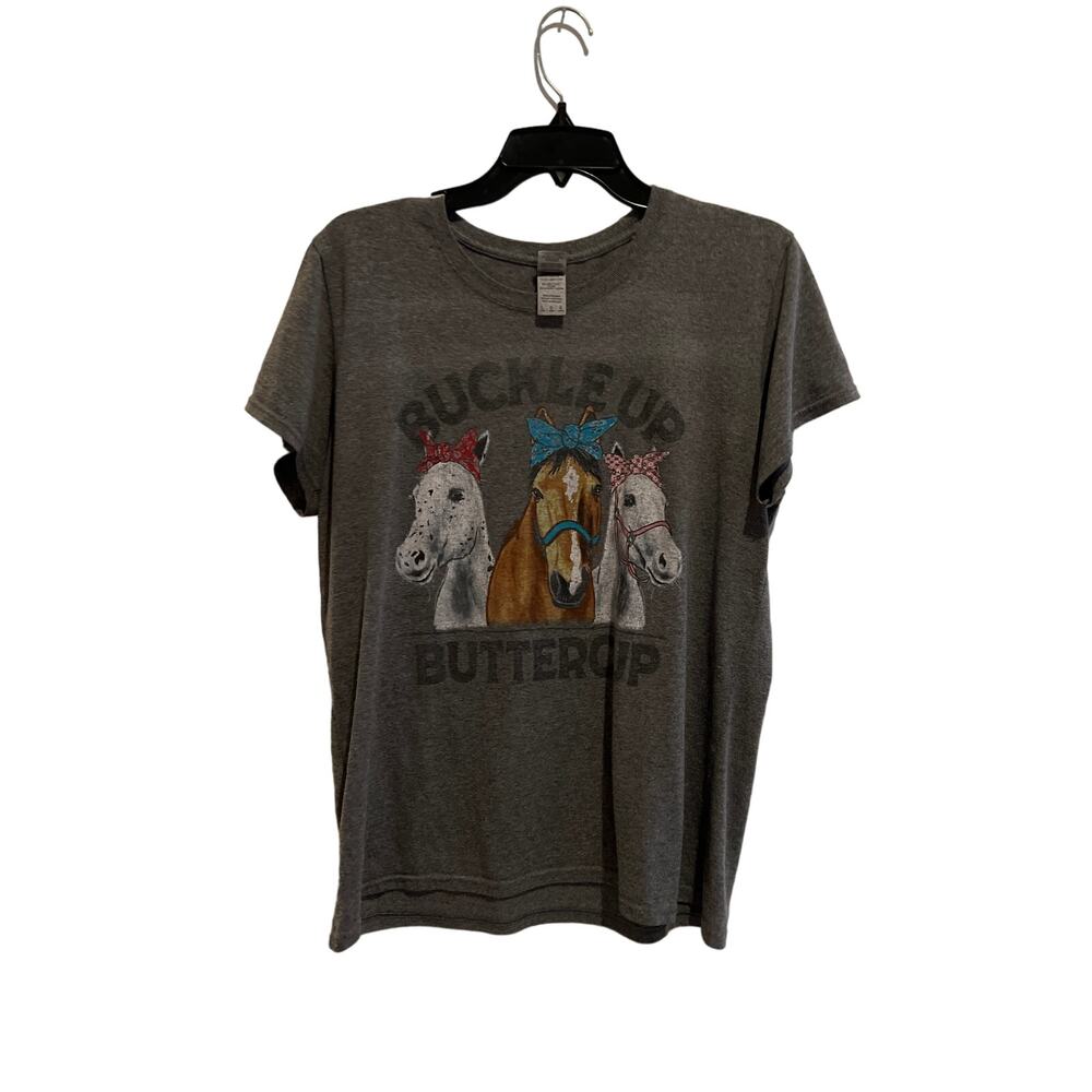 Women’s gildan size large t-shirt that says “buckle up buttercup”
